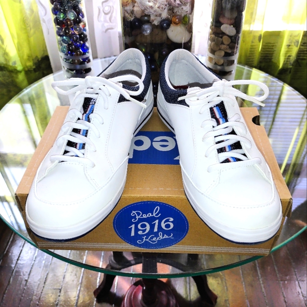 Keds White Leather Lace-up Sneakers with Navy Details